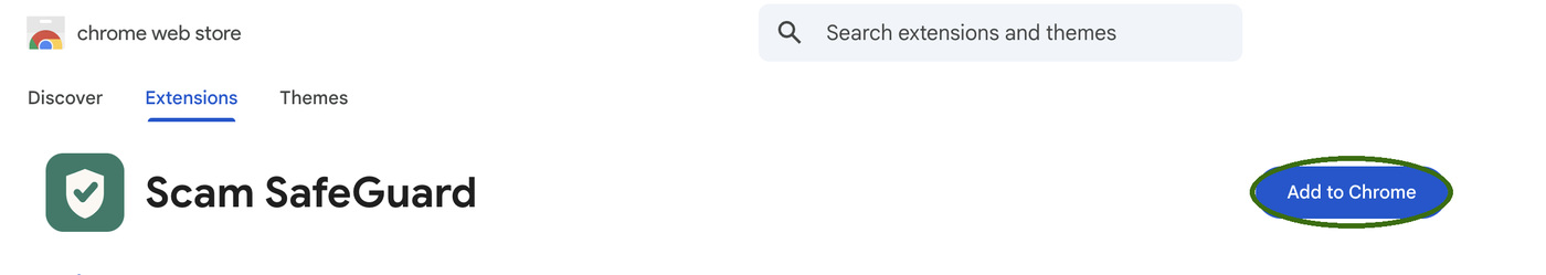 The Chrome Web Store page for Scam SafeGuard, with the blue Add to Chrome button circled in green at the top right.